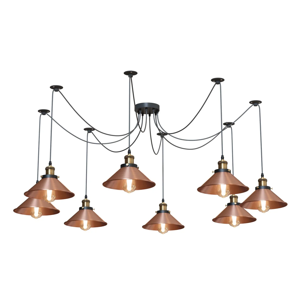 Vintage industrial 8-way metal cone shade pendant light with adjustable cables and metal ceiling rose in black finish