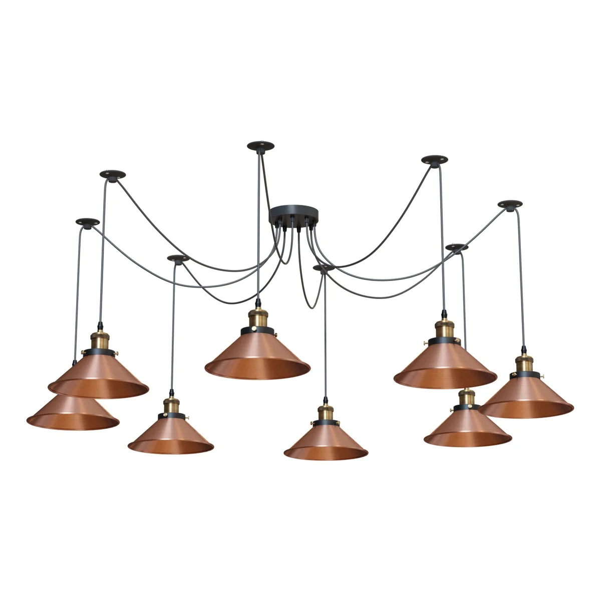 Industrial vintage 8-way adjustable length ceiling light with metal cone shades and black PVC cables hanging from ceiling rose