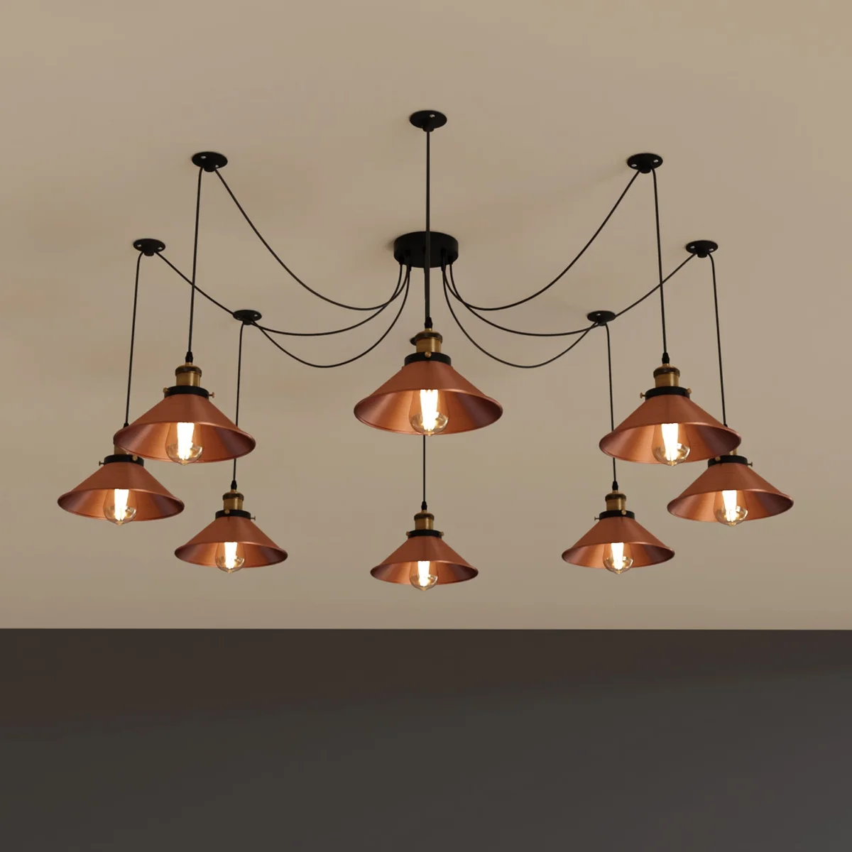 Vintage industrial 8-way dimmable E27 pendant light with metal cone shades and adjustable 195cm cables hanging from ceiling rose