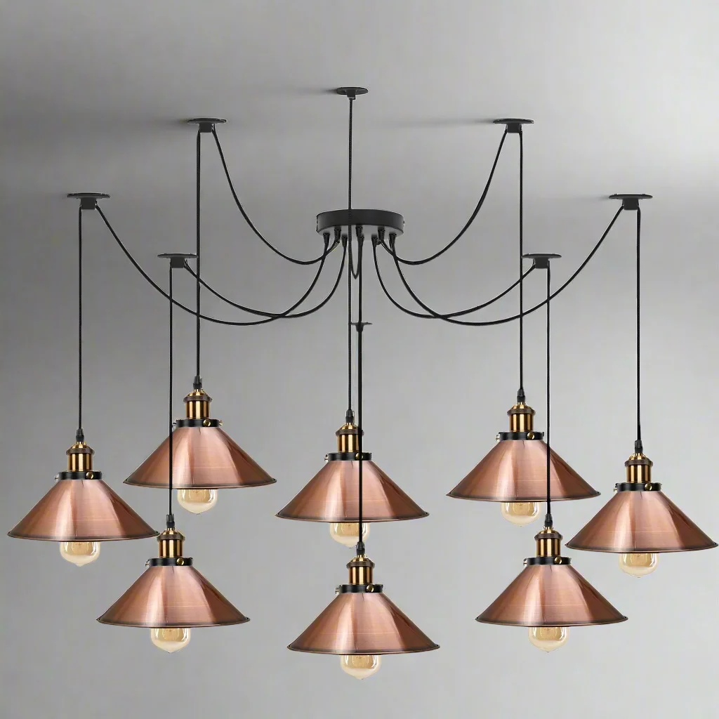 Vintage 8 head pendant light with metal cone shades hanging from adjustable cables and a round ceiling rose
