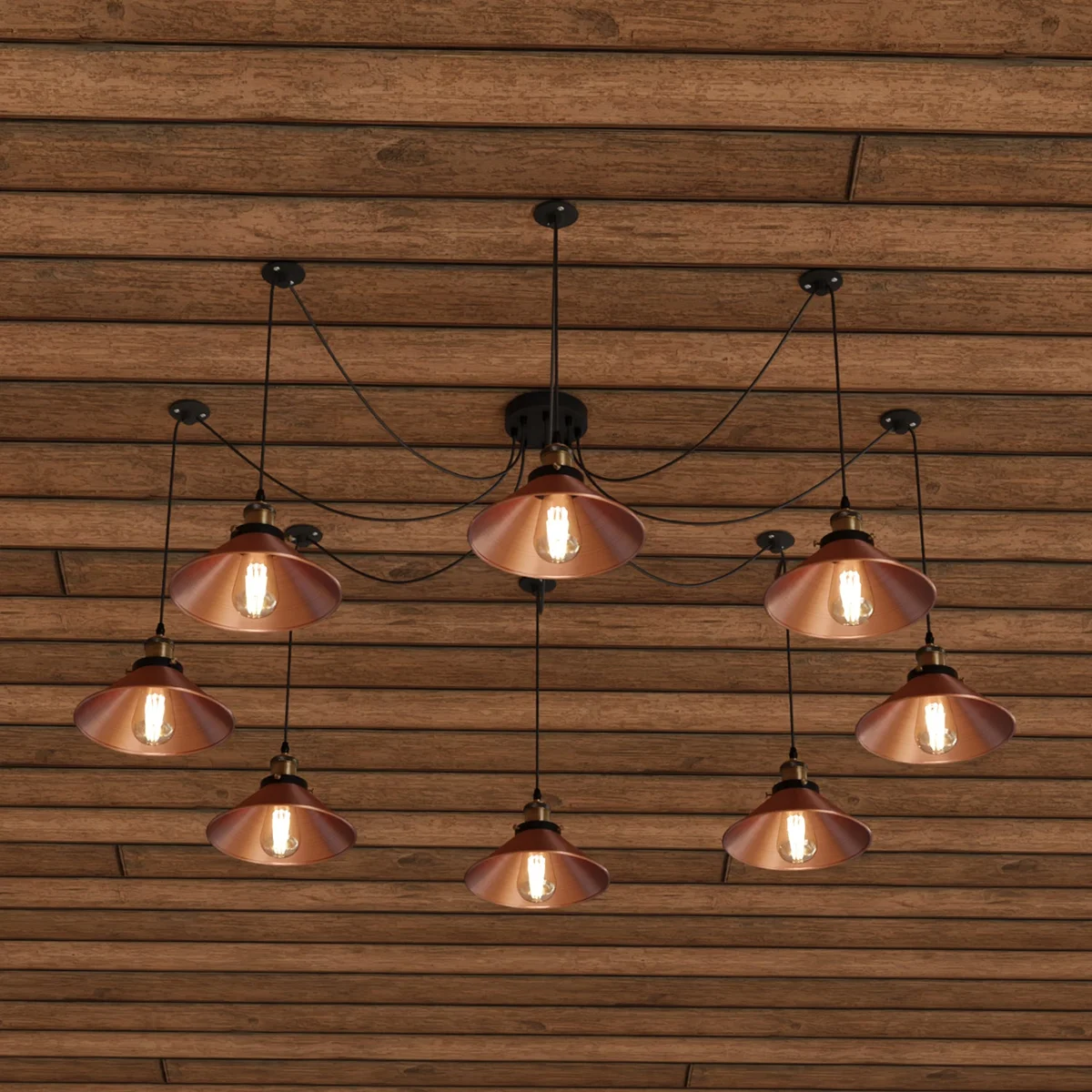 8 way spider pendant light with 8 metal cone shades hanging from a central ceiling rose in vintage industrial style