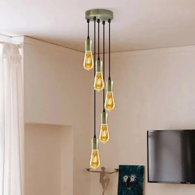 Industrial ceiling pendant light with five metal shades, adjustable cables, and round ceiling rose in vintage style