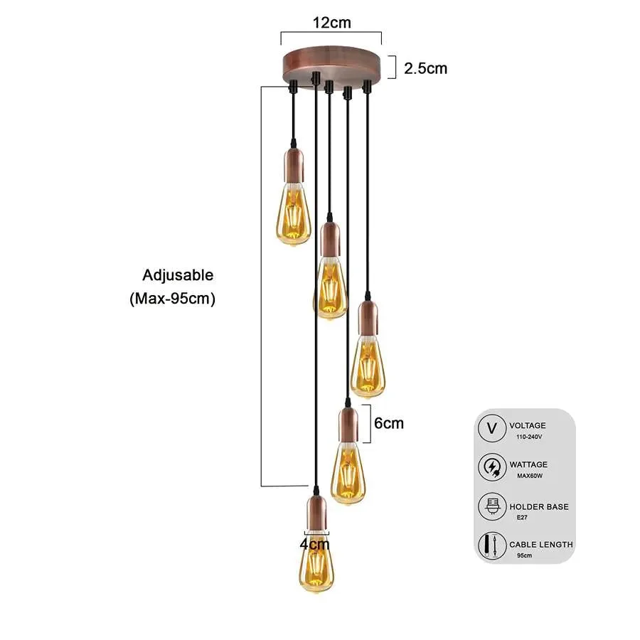 Industrial 5 light pendant fitting with metal round ceiling rose and adjustable cables in vintage style for indoor use