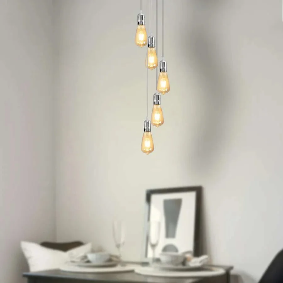Vintage ceiling light with five adjustable metal pendant lights hanging from a round ceiling rose, suitable for indoor use