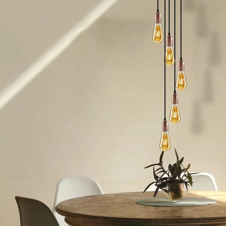 Industrial ceiling 5 light pendant with metal rose and adjustable height pendant cables hanging in vintage style