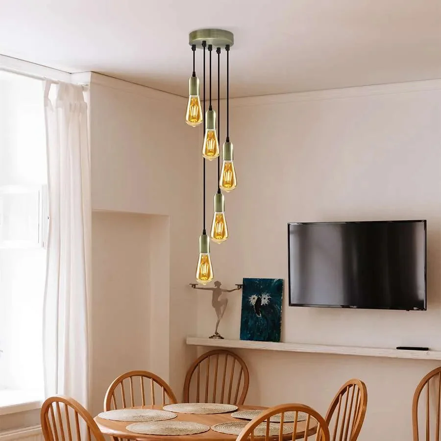 Industrial metal pendant light fitting with five adjustable E27 sockets and metal ceiling rose, ideal for indoor use