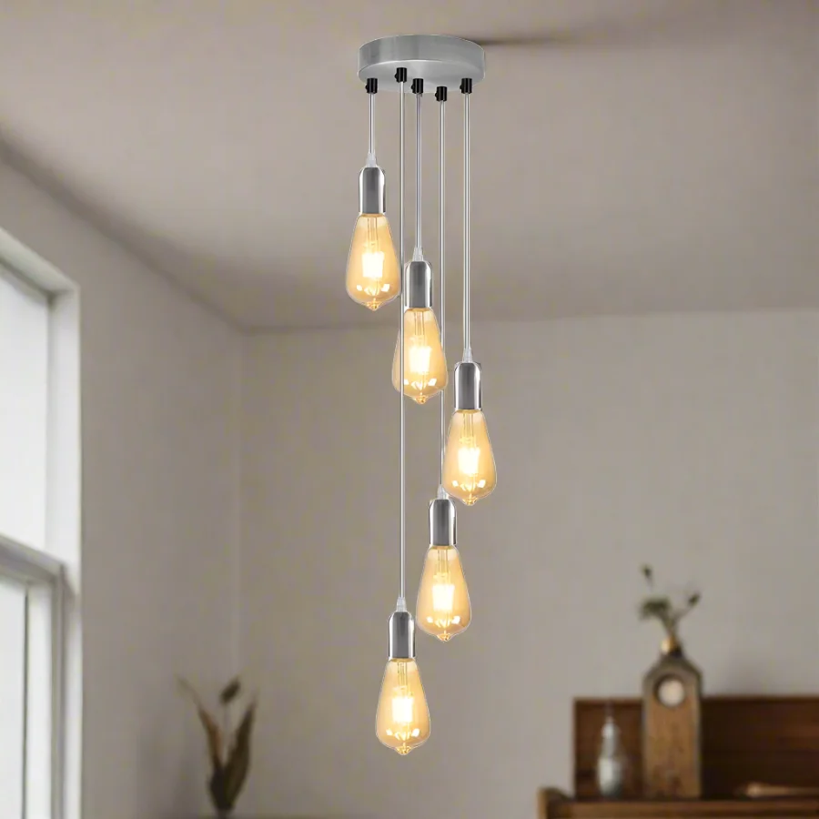 Industrial ceiling pendant light with five adjustable metal fixtures hanging from a round ceiling rose, vintage style.