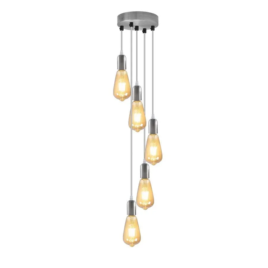 Industrial ceiling pendant light with five adjustable metal shades hanging from a round ceiling rose, vintage style