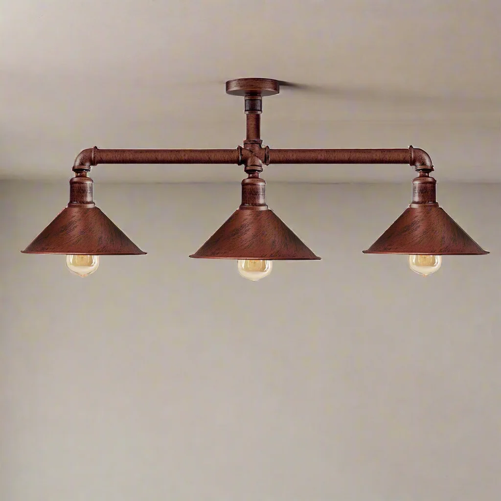 Steampunk ceiling lights in brushed copper with vintage E27 bulb and industrial pendant design hanging from ceiling