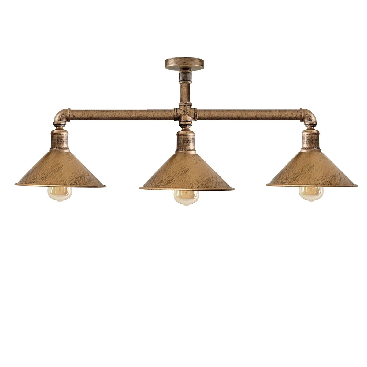 Brushed copper steampunk ceiling lights with E27 bulb holder and rustic red shade hanging from 95cm cable