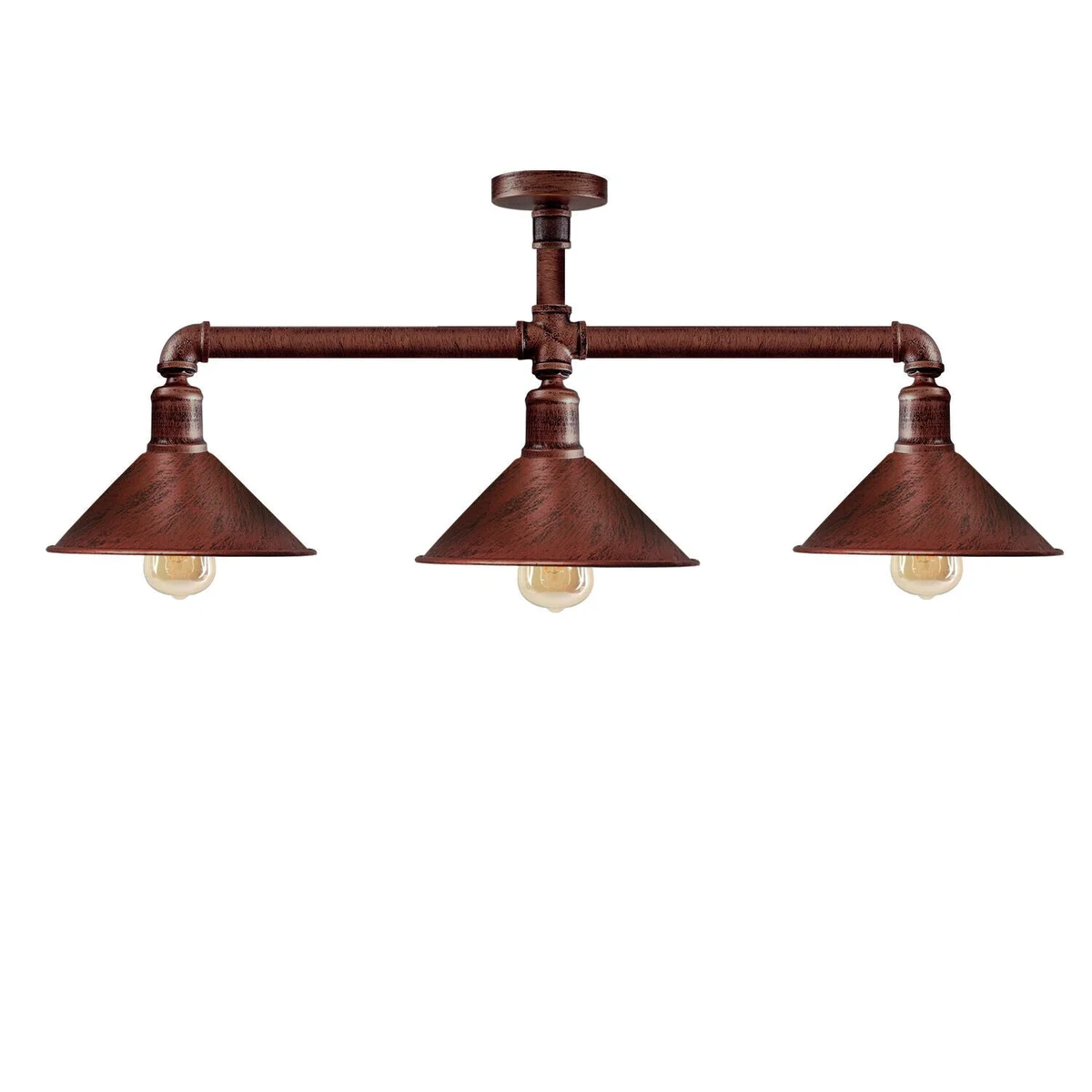 Brushed copper steampunk ceiling lights with exposed bulb and industrial design hanging from ceiling cable