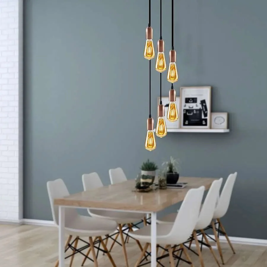 Adjustable height vintage cluster pendant lights with six metal E27 holders hanging from round ceiling rose