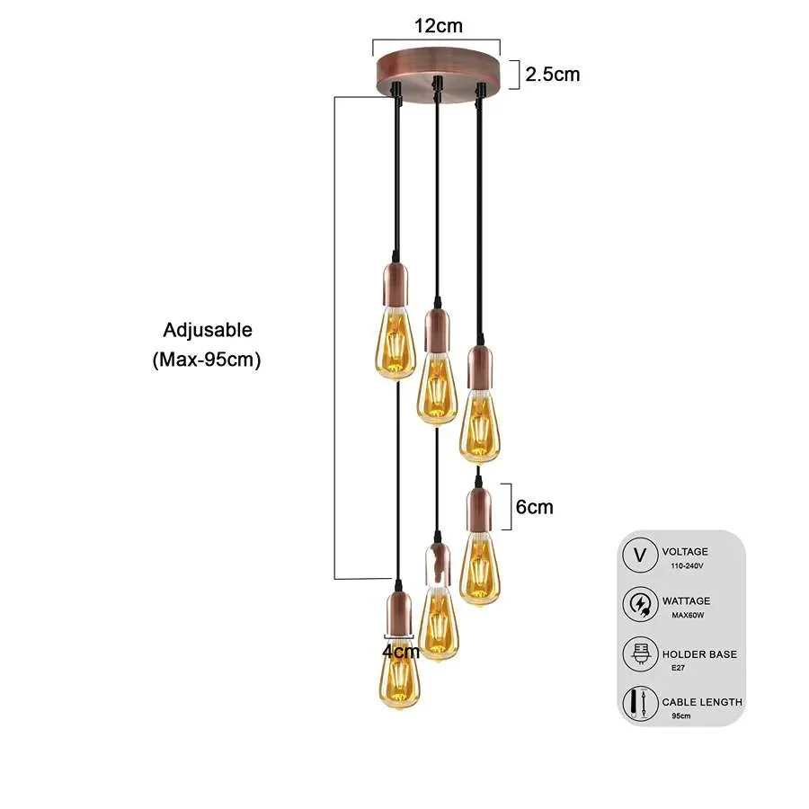 Adjustable height cluster pendant light with six bulbs and metal ceiling rose in vintage style lighting for dining rooms