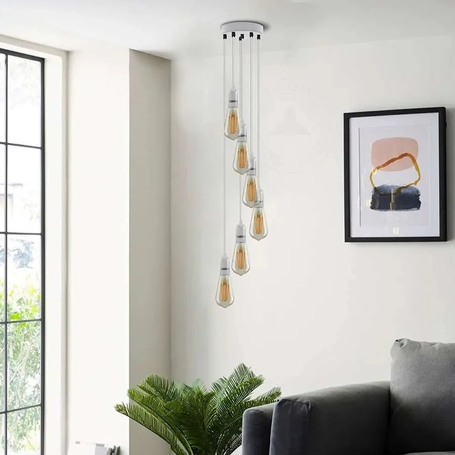 Adjustable cluster pendant light with six bulbs hanging from a metal ceiling rose in a vintage style design