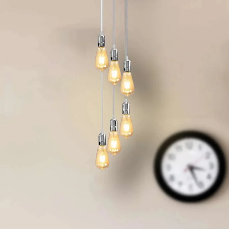 Adjustable height vintage cluster pendant lights with six metal E27 holders and round ceiling rose for dining room lighting