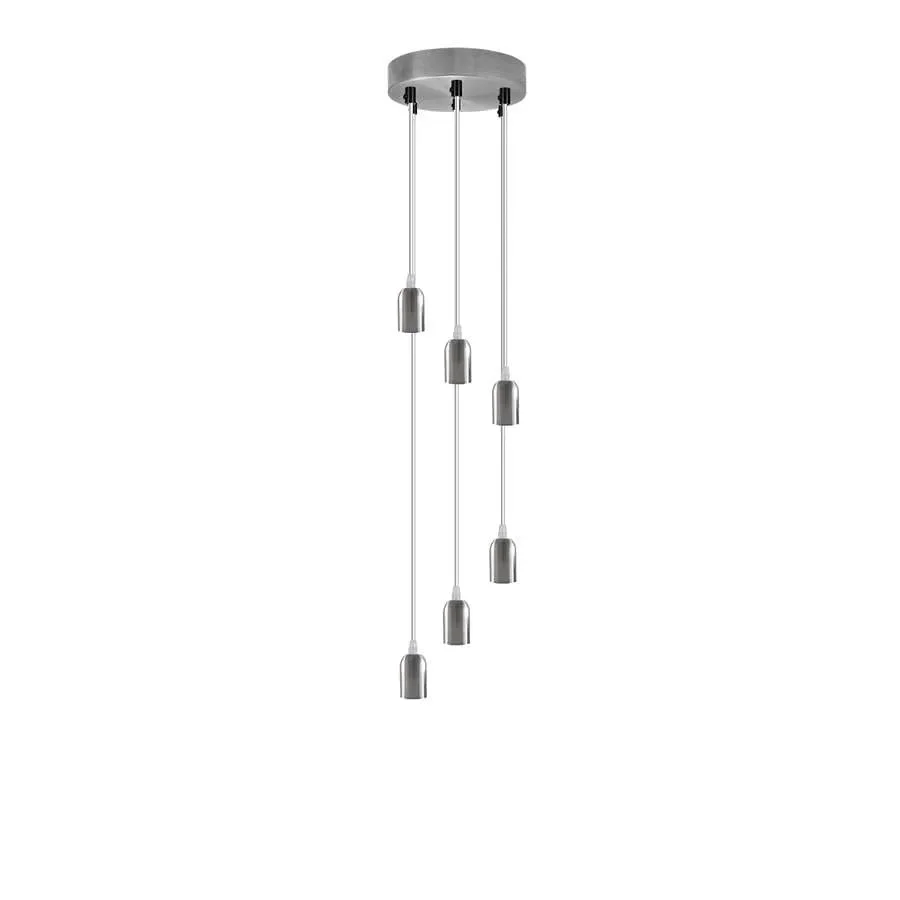 Vintage style cluster pendant lights with six adjustable metal fixtures hanging from a round ceiling rose