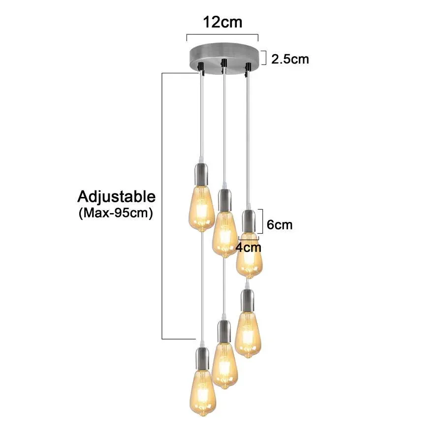 Adjustable height vintage cluster pendant lights with six E27 holders and metal ceiling rose in a dining room setting