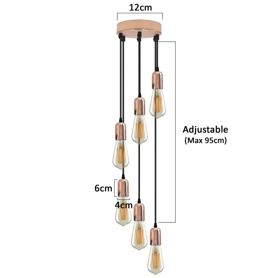 Adjustable height vintage metal cluster pendant lights with six E27 holders and round ceiling rose in dining room setting