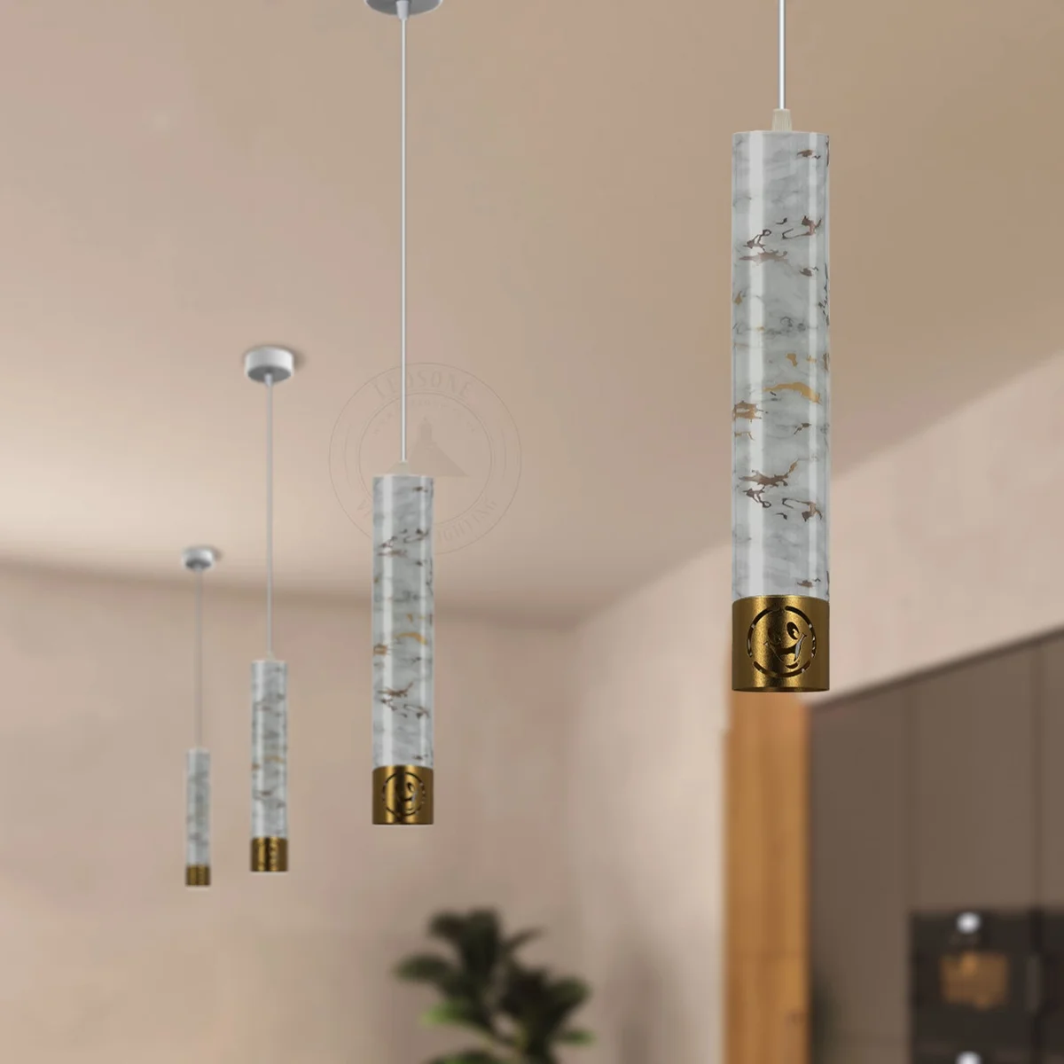 Modern pendant light with sleek marble-textured aluminium cylindrical shade in black, adjustable hanging cable, GU10 bulb included
