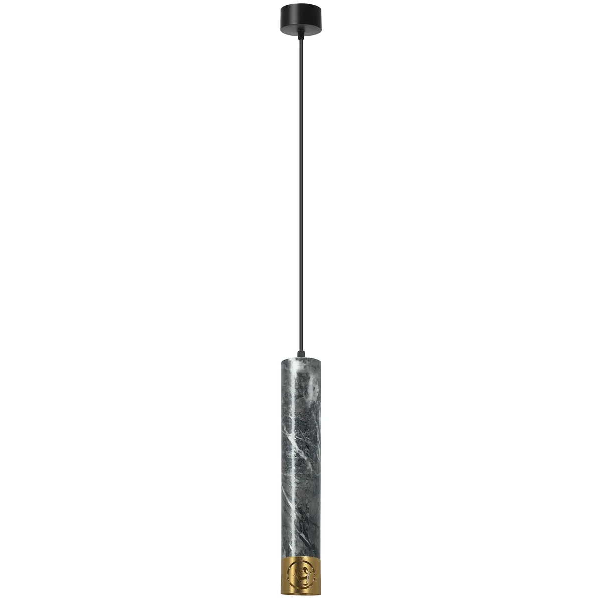 Modern pendant light with slim cylindrical black aluminium shade, adjustable cable, and GU10 bulb, shown hanging indoors