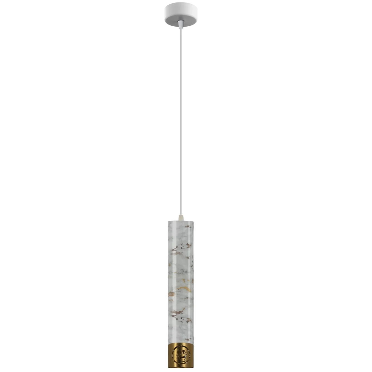 Modern pendant light with slim cylindrical marble-textured aluminium shade in grey, suspended by adjustable cable