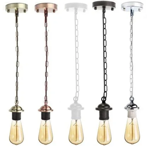 Industrial pendant light kit with metal E27 holder, 10cm ceiling rose, and 85cm adjustable chain for dimmable bulbs.