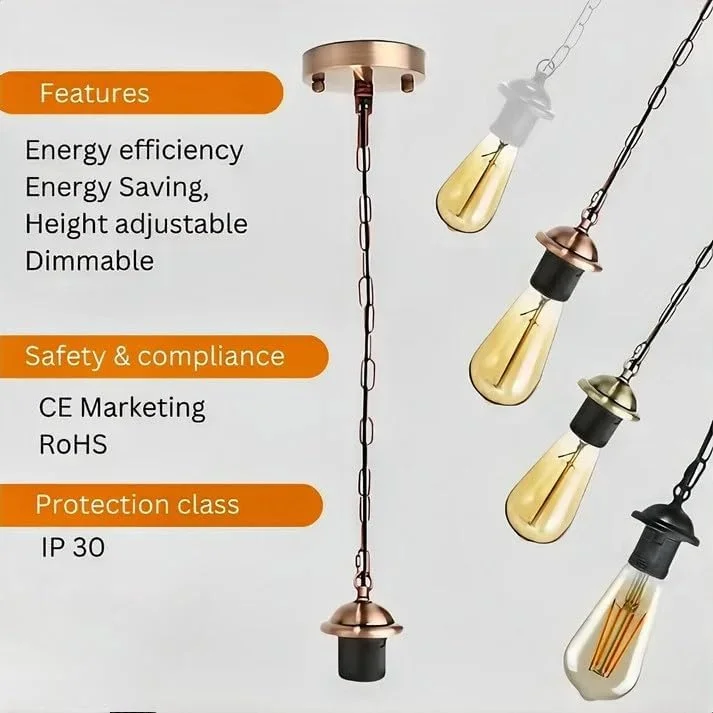 Metal ceiling pendant kit featuring an E27 holder, 10cm rose and 85cm adjustable chain.