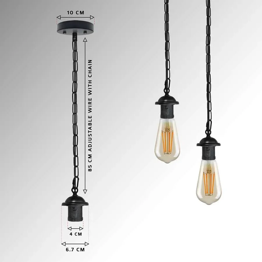 Industrial ceiling light set with metal E27 lamp holder, 10cm rose, and adjustable 85cm chain.