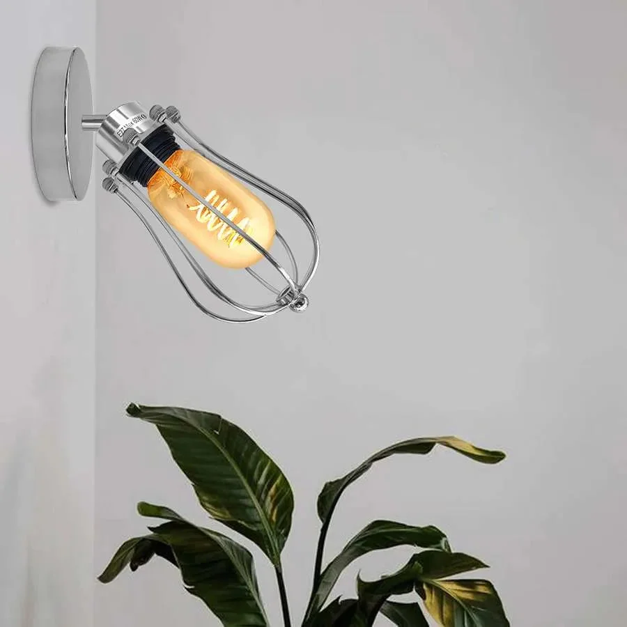 Vintage metal wall light with adjustable balloon-shaped wire cage and E27 bulb holder mounted on a wall