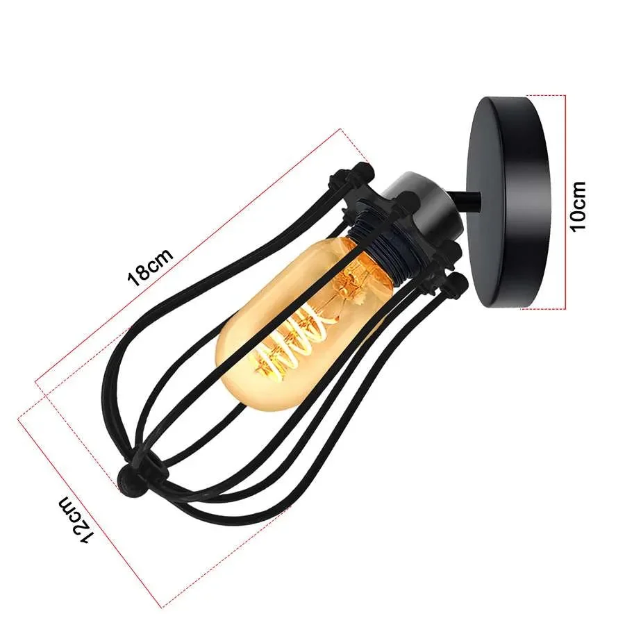 Adjustable industrial cage wall light with vintage balloon-shaped metal cage and E27 bulb holder on white background