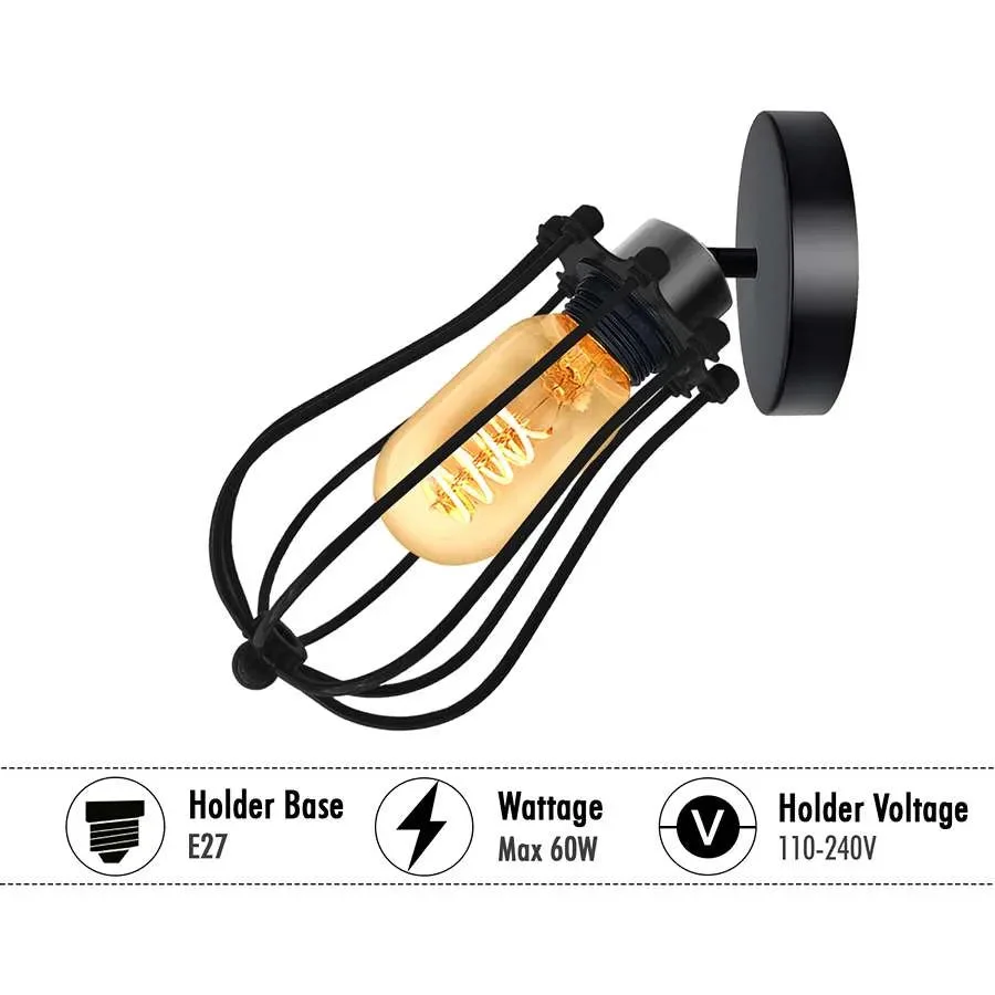 Adjustable vintage balloon-shaped dimmable metal wall lamp with wire cage and E27 bulb holder mounted on wall