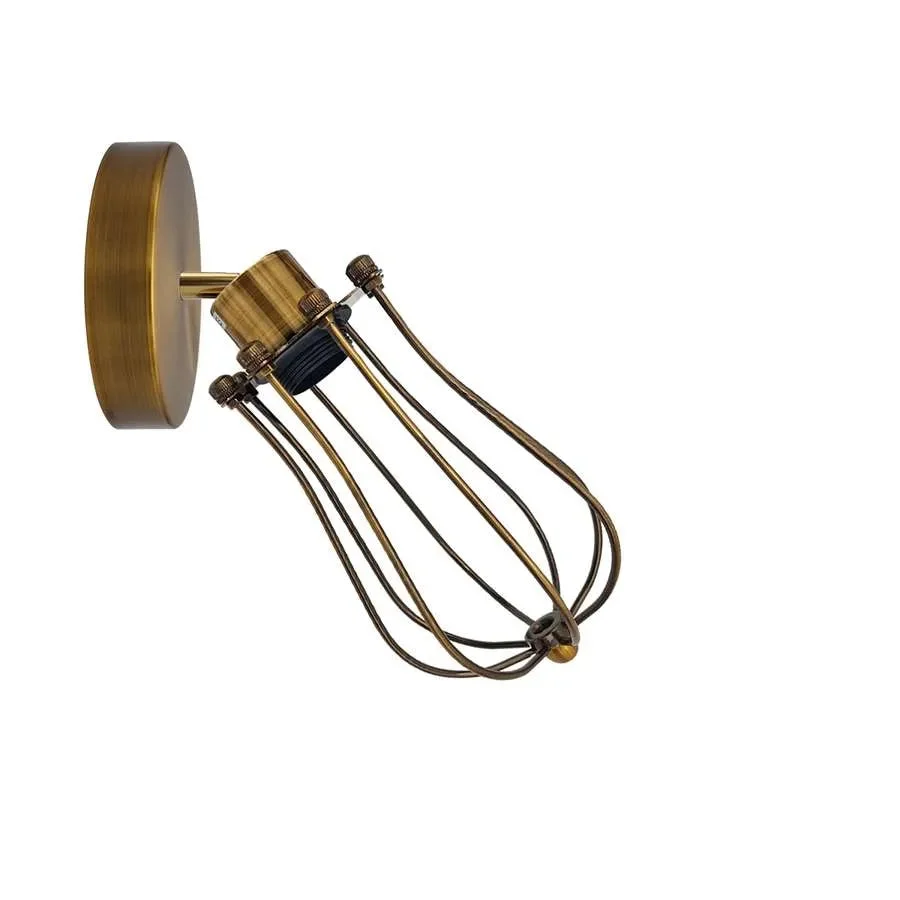 Adjustable vintage metal balloon cage E27 bulb wall light mounted on white wall with exposed bulb and wire cage design