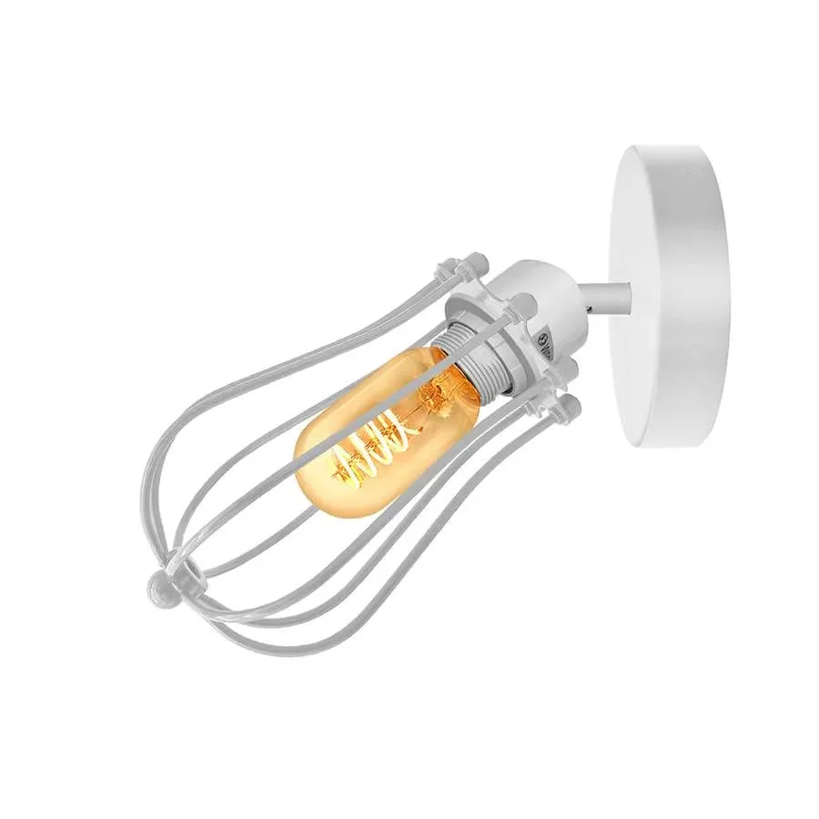 Adjustable indoor metal wall light with vintage balloon-shaped wire cage and E27 bulb holder mounted on wall
