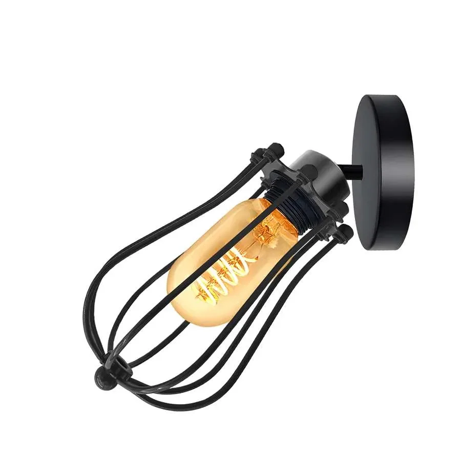 Adjustable vintage metal wall light with balloon-shaped wire cage and E27 bulb holder mounted on white wall