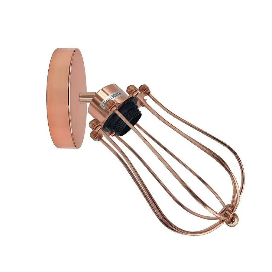 Vintage metal wall light with adjustable balloon-shaped wire cage and E27 bulb holder mounted on a white wall