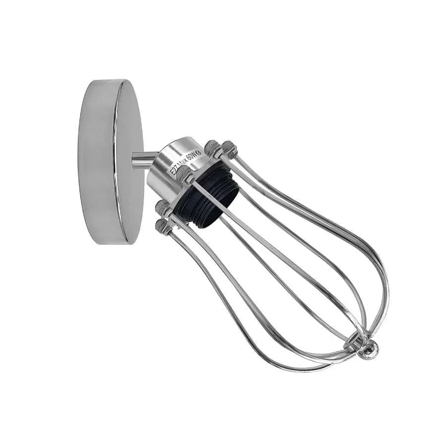 Adjustable vintage metal wall light with balloon-shaped wire cage and E27 bulb holder mounted on white wall