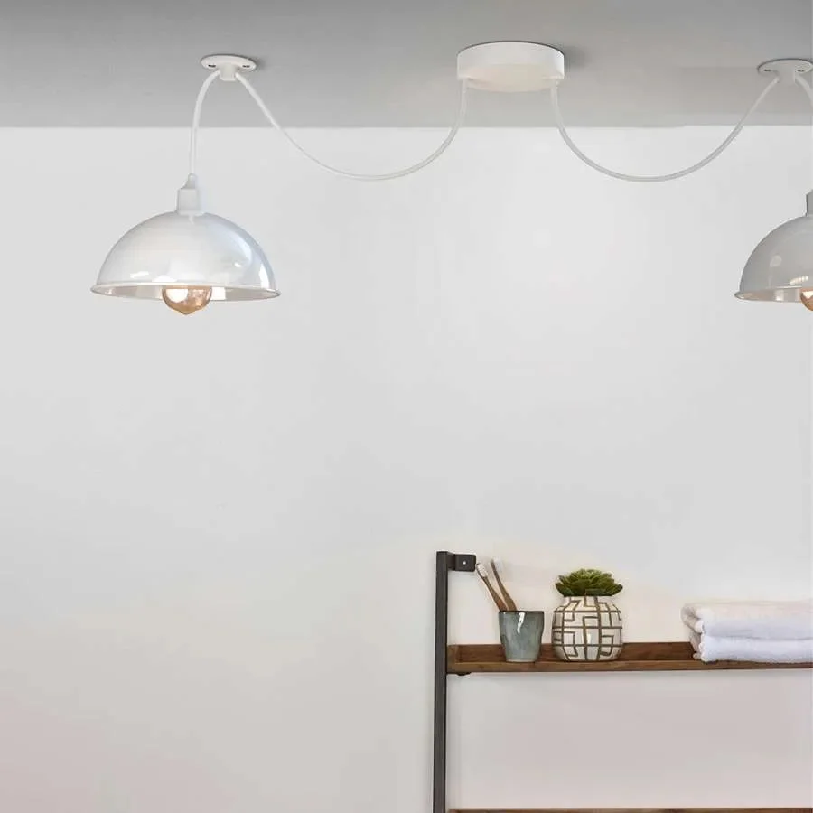 White industrial two-shade pendant light with adjustable cables and metal shades, suitable for E27 bulbs, shown hanging