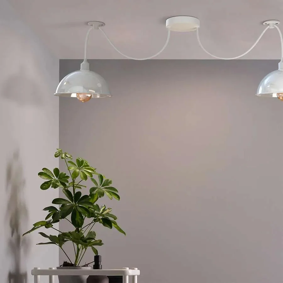White industrial spider pendant with two metal shades, adjustable height ceiling light with 1m cables, modern design