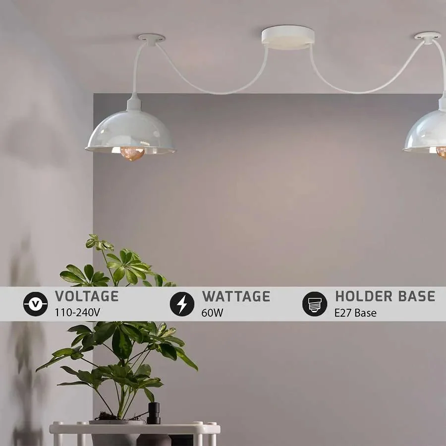 White industrial spider pendant light with two adjustable metal shades, energy efficient pendant light for indoor use