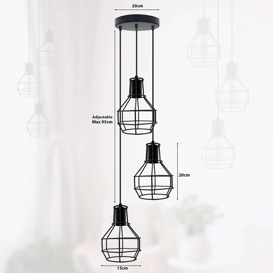 Black industrial 3-light metal cage pendant with adjustable cable, ceiling mounted, retro style shade design