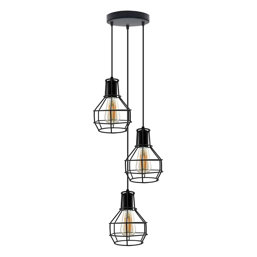 Industrial black metal 3 light pendant with cage shades, adjustable cable, ceiling mounted, retro style lighting fixture