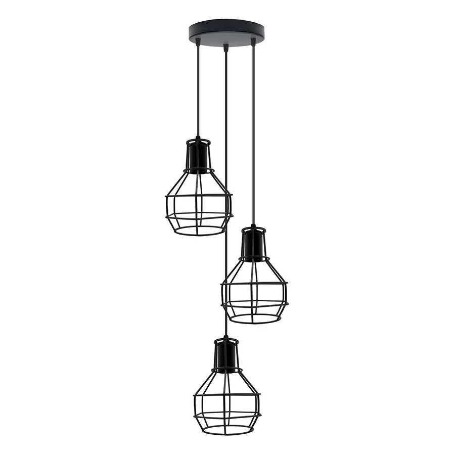 Industrial 3 light black ceiling light with metal cage shades hanging from adjustable cable in a modern interior setting