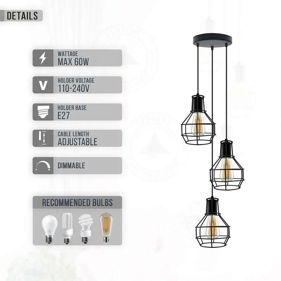 Black industrial 3-light metal cage dimmable pendant light hanging with adjustable 95 cm cable, E27 bulb holder visible