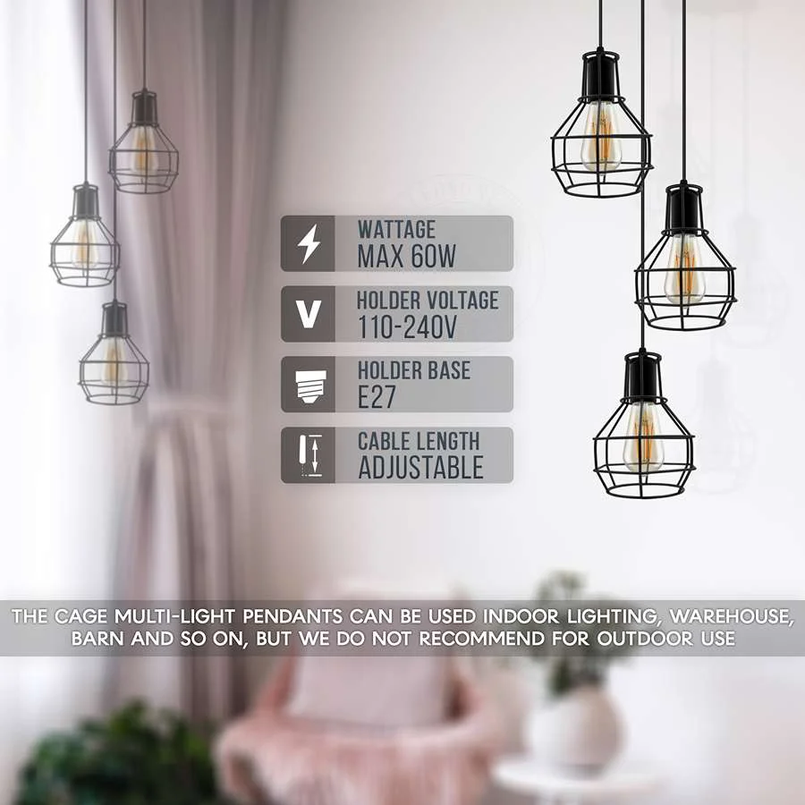 Industrial 3 light black metal cage hanging pendant with adjustable cable and E27 bulb pendant holders