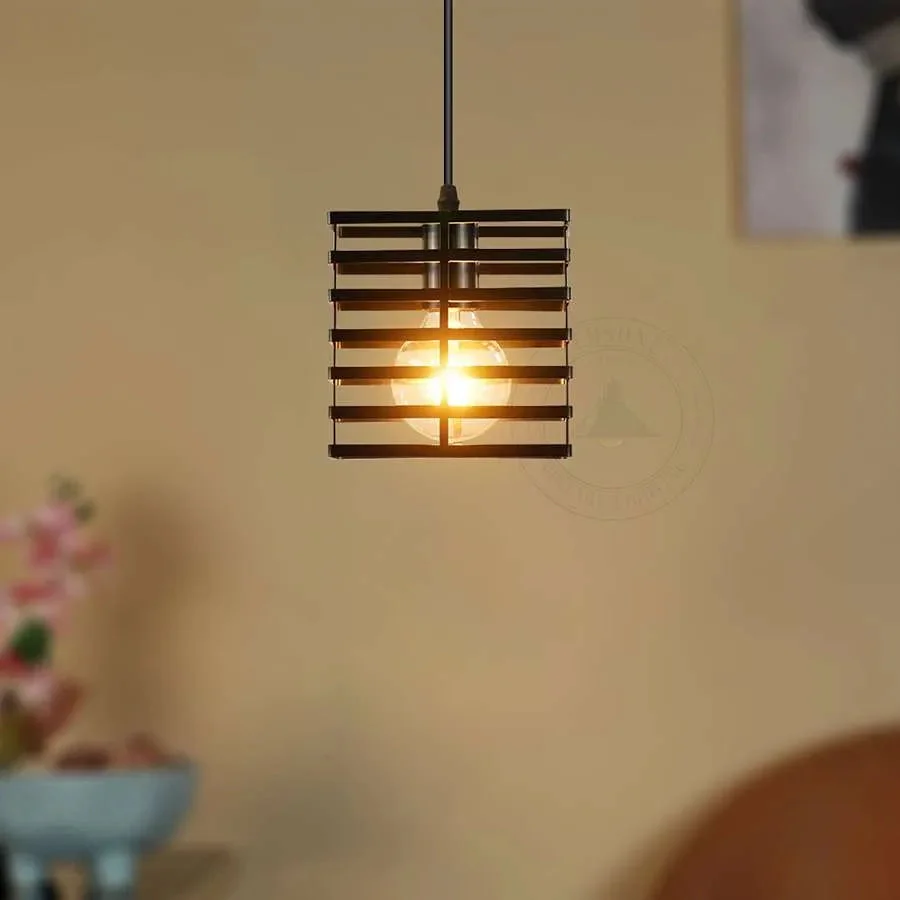Black metal wire cage pendant light with square design, hanging ceiling lamp for indoor vintage style lighting