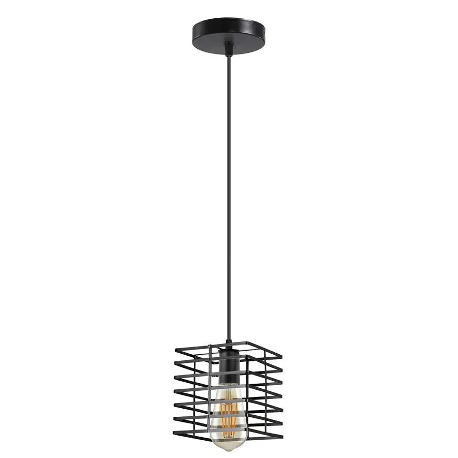 Black metal pendant light with square wire cage design, hanging ceiling lamp for indoor vintage industrial decor