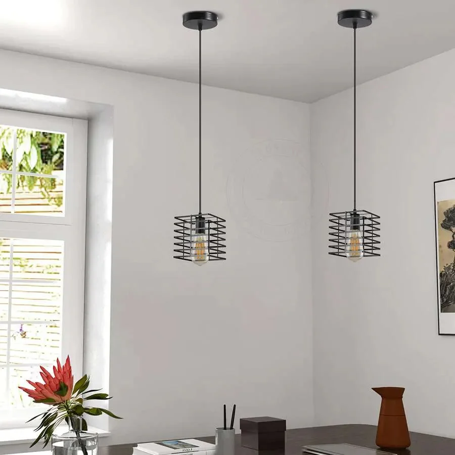 Black metal square wire cage industrial vintage pendant lamp hanging with adjustable PVC cable and ceiling rose