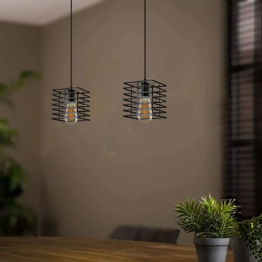 Black metal square wire cage dimmable ceiling light hanging from adjustable PVC cable in industrial vintage style