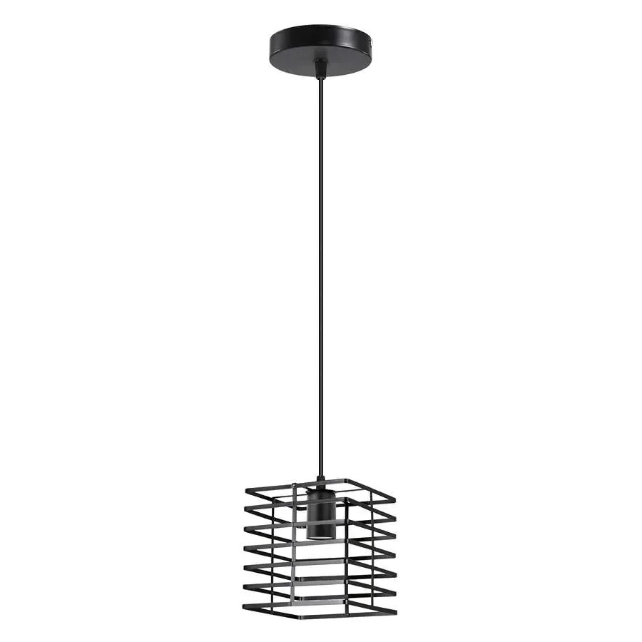 Black metal square wire cage E27 bulb pendant light hanging from ceiling with adjustable PVC cable