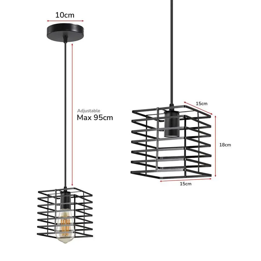 Black metal wire cage pendant light with square design hanging from adjustable PVC cable against white background